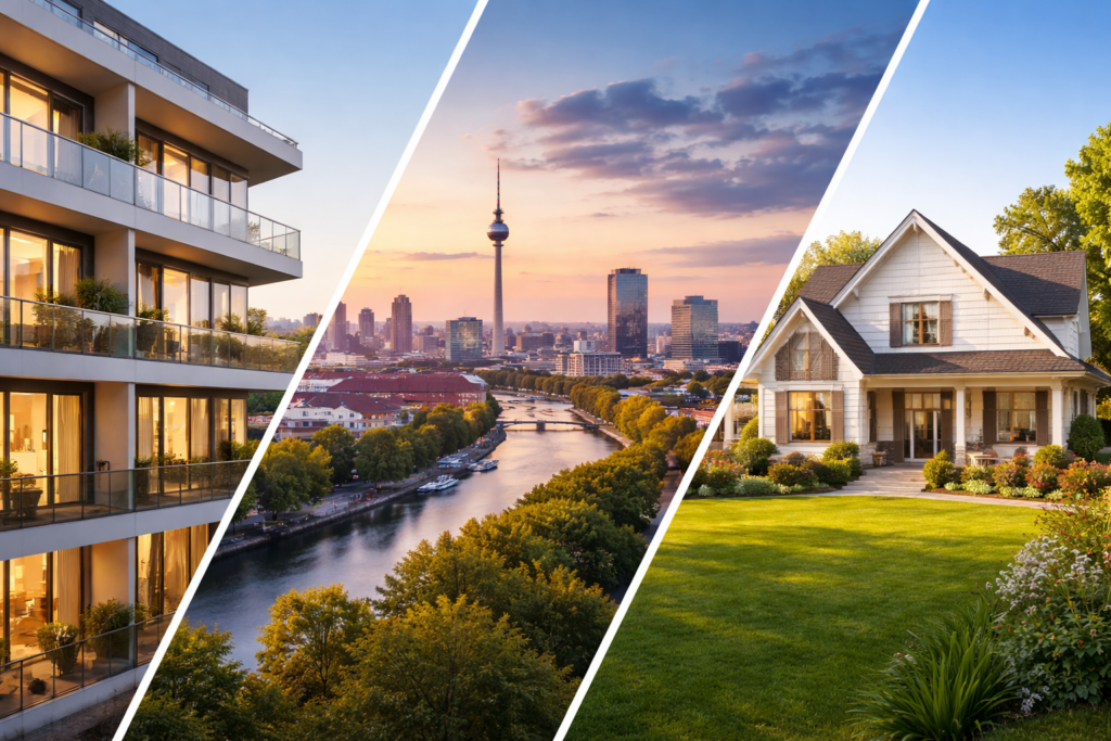 Immobilienmakler Hintergrundbild mit Apartmenthaus, Skyline und Landhaus