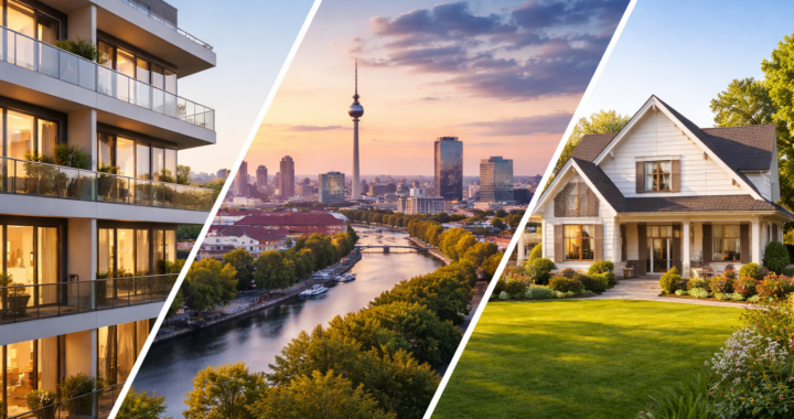 Immobilienmakler Hintergrundbild mit Apartmenthaus, Skyline und Landhaus