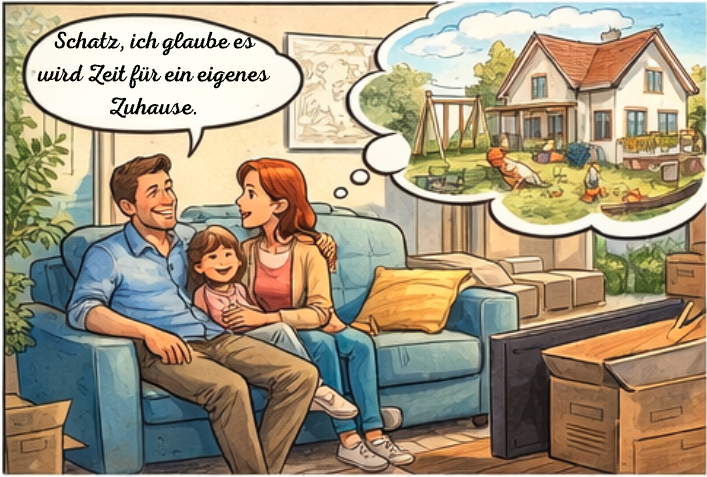 Junge Familie träumt auf dem Sofa vom Eigenheim mit Garten – Illustration zum Hauskauf