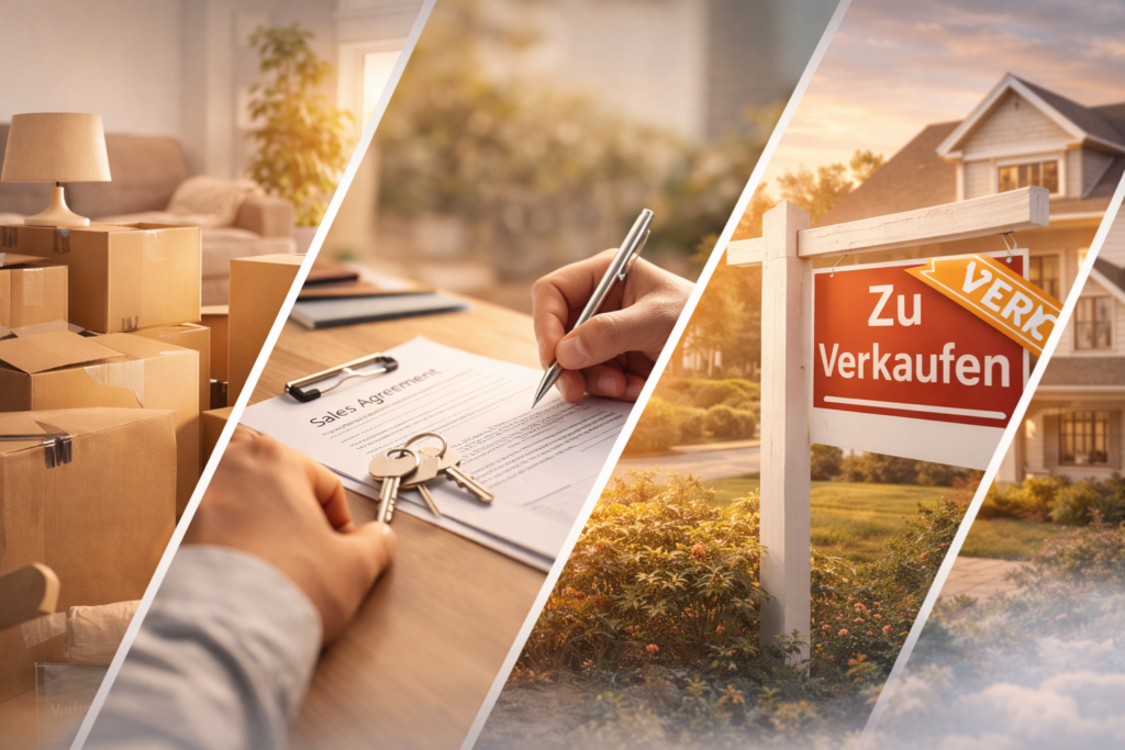 Collage mit Umzugskartons, Verkaufsvertrag mit Schlüsseln und Verkaufsschild vor einem Haus – visualisiert den Ablauf eines Immobilienverkaufs