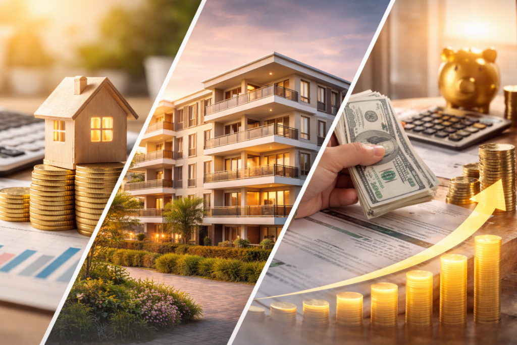 Dreiteiliges Bild mit Wohnimmobilie, Geldanlage und Wertsteigerung – symbolisiert Kapitalanlage in Immobilien