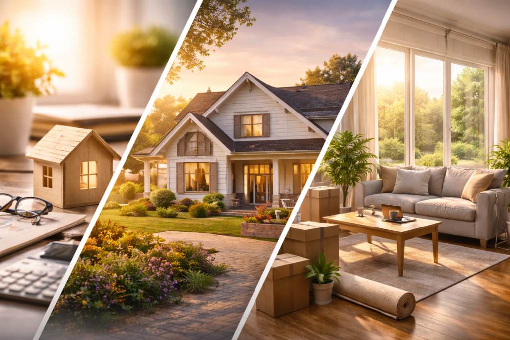 Collage aus Hausmodell, Einfamilienhaus mit Garten und modernem Wohnzimmer – symbolisiert den Ablauf von Immobilienfinanzierung, Hauskauf und Einzug