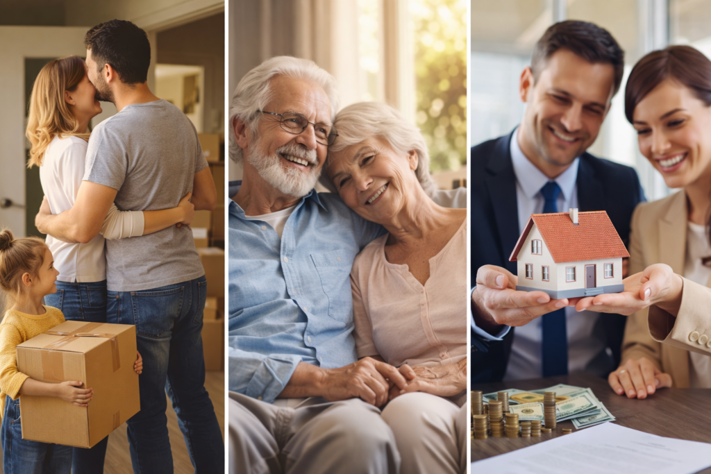 Dreiteiliges Bild mit Familie beim Einzug, Rentnerpaar und Paar mit Modellhaus – Lebensgeschichten rund um Immobilien